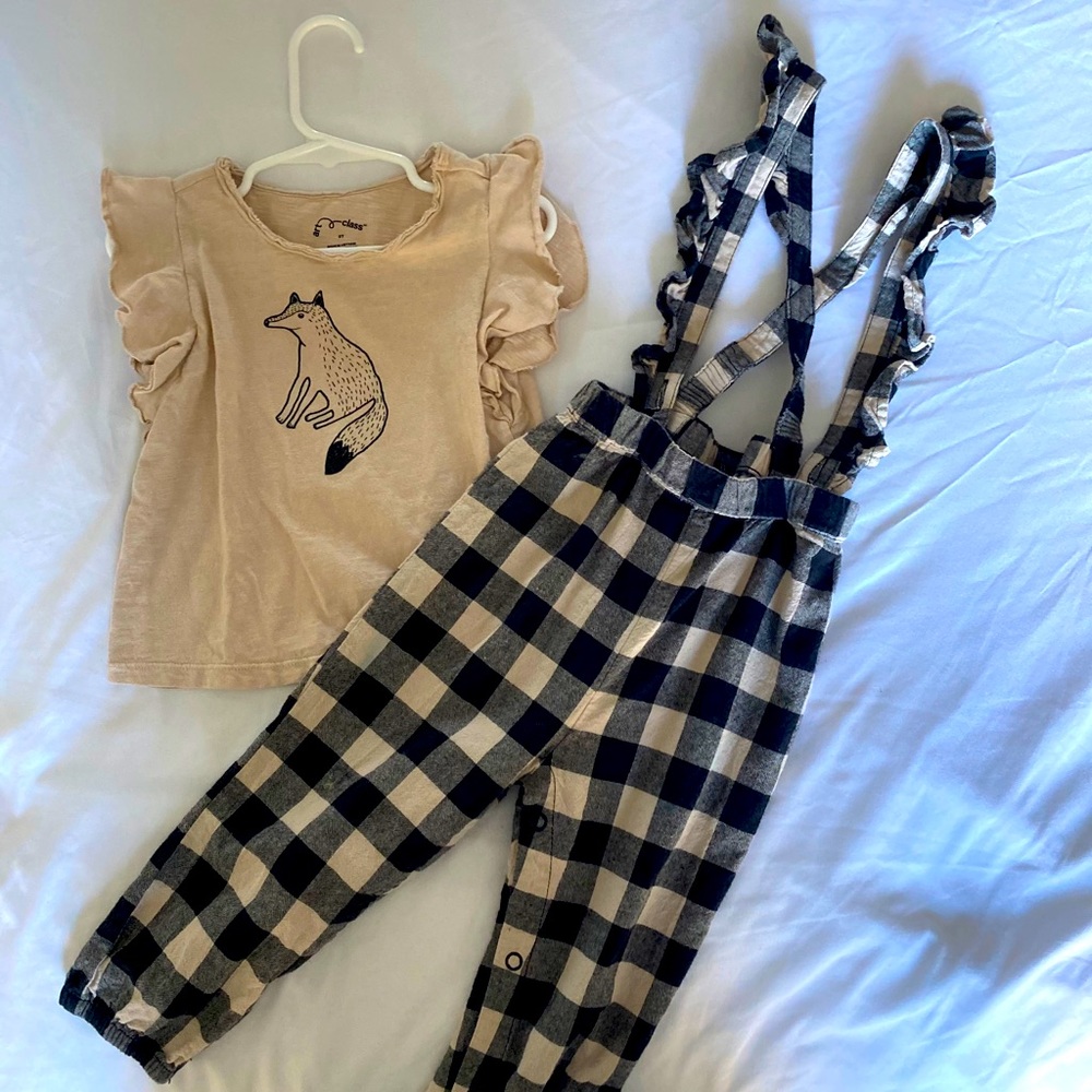 Adorable Fox Print Checkered Overalls Two-Piece 2T